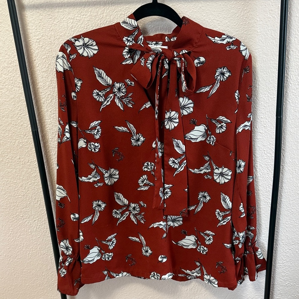 Mud Pie Dark Red-Orange Floral Blouse with Bow Tie